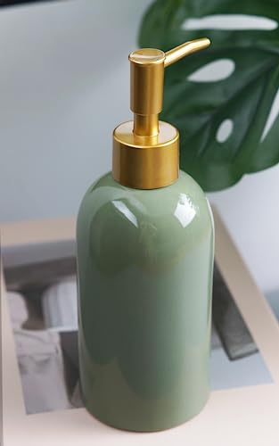 2Pack Ceramic Soap Dispenser Green with Gold Pump,Modern Design Cylindrical Lotion Dispenser Bottle,Refillable Liquid Hand Soap Dispenser for Kitchen,Bathroom,Washroom - color: 2pcs Green
