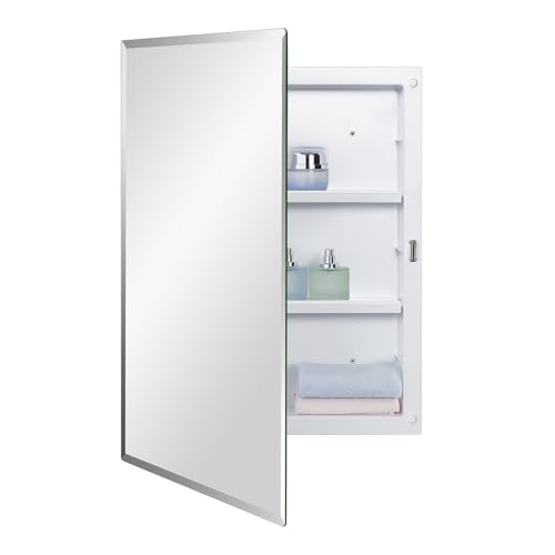 IDYLLOR Plastic Bathroom Medicine Mirror Cabinet 16 x 22 inch, Surface and Recessed Mount, Beveled Edge Mirror - color: White, size: 16x22 inch Beveled Edge Mirror