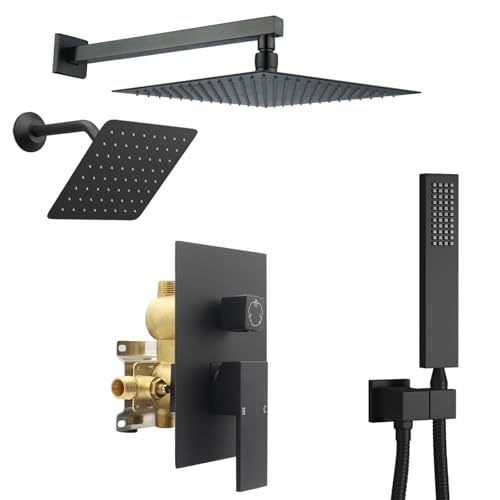 12" Shower Faucet Set Rain Shower System with 6" Wall Mounted Head Full Body Luxury Rain Shower System Rainfall Shower Head with Handheld Combo,3 Way Pressure Balance Valve Kit,Matte Black - color: Matte Black, style: HG-12inch+6inch