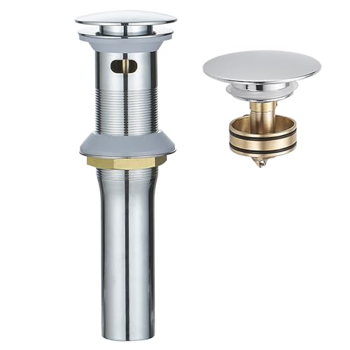 BWE One-Piece Pop-Up Sink Drain, Chrome, with Overflow, Brass | One-Piece Pop-Up Design, Fits 1.65–1.97 in Drain Holes, With Overflow, All Gaskets & Seals Included, Corrosion-Resistant - color: Silver, size: With Overflow