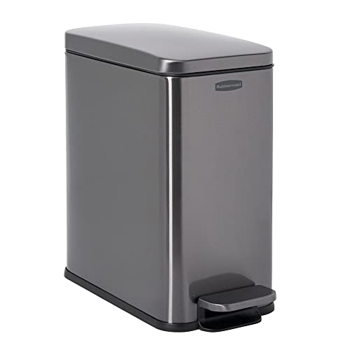 Rubbermaid Stainless Steel Slim Step-On Trash Can, 2.6-Gallon, Charcoal, Wastebasket with Lid for Home/Bathroom/Kitchen - style: Slim Step-On