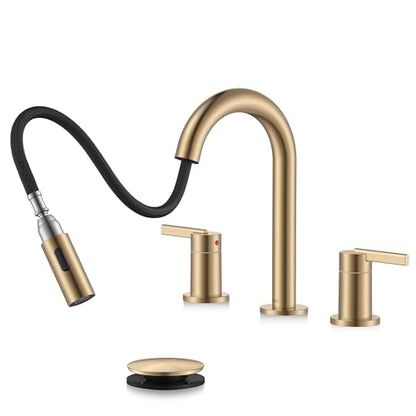 Champagne Bronze Pull Down Widespread Bathroom Faucet 2 Handle 3 Hole | Pull Out Bathroom Faucet with Pop Up Drain & Supply Lines, Lead-Free cUPC & NSF Certified, 8 Inch Faucet for Vanity RV Sink - color: Champagne Bronze