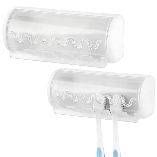 2 PCS Self Adhesive Toothbrush Holder with Cover for Bathroom, 5-Slot Wall Mounted Toothbrush Organizer Rack for Shower, Dorm, Cabinet (White) - color: White, size: 2 Pack