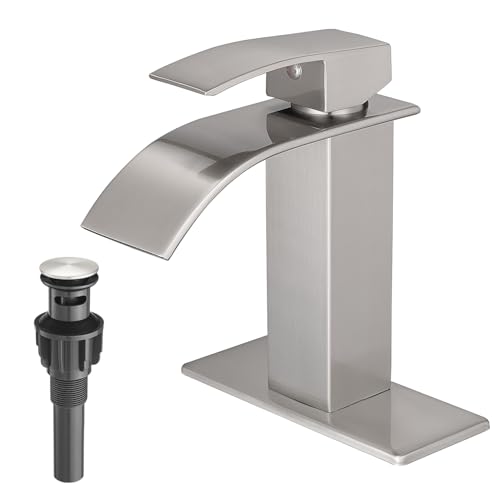 VOTON Waterfall Bathroom Faucets Brushed Nickel Modern Single Handle Sink Faucet for 1 or 3 Holes with Deck Plate and Pop-Up Drain, Rv Sink Camper Farmhouse Faucet - color: Brushed Nickel