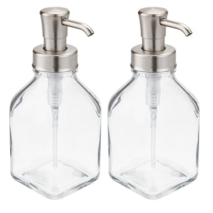 mDesign Square Glass Refillable Liquid Soap Dispenser Pump Bottle for Bathroom Vanity Countertop, Kitchen Sink - Holds Hand Soap, Dish Soap, Hand Sanitizer, Essential Oils - 2 Pack - Clear/Brushed - color: Clear/Brushed