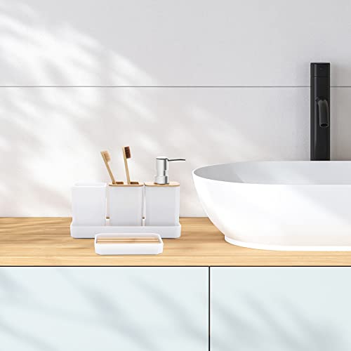 FEILANDUO Bathroom Accessories Set,5 Pcs Bathroom Accessory Gift Set, Soap Dispenser, Soap Dish, Toothbrush Holder, Toothbrush Cup, Vanity Tray, Boho, Modern Bathroom Decor (White) - style: White