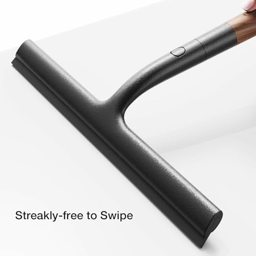 Shower Squeegee for Glass Doors, Streak-Free Silicone Window Cleaner with Detachable Wood Handle & Hook, Rust-Proof Bathroom Squeegee for Mirror, Tile Wall, Car Windshield, 10 Inch Black