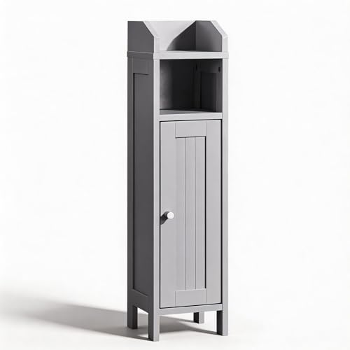 Karl home Grey Corner Storage Cabinet, Slim Freestanding Bathroom Organizer | Slim Single Door Freestanding Cabinet with Adjustable Shelves, Space Saving Toilet Storage for Small Bathroom Spaces