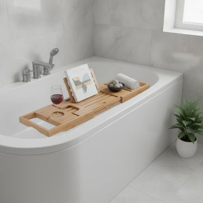 Adjustable Bathtub Organizer Tray with Drink Holder & Phone Slots, Natural Bamboo Bath Caddy for Standard Tubs
