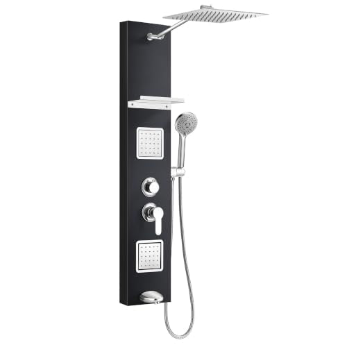 Shower Panel Tower System with Shelf, Tub Spout, Total 4 Body Spray & 5 Handheld Settings, Adjustable Height, Rainfall + Waterfall Shower Head Body Jet Massage