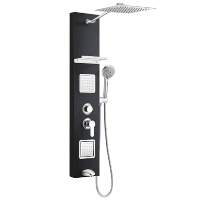 Shower Panel Tower System with Shelf, Tub Spout, Total 4 Body Spray & 5 Handheld Settings, Adjustable Height, Rainfall + Waterfall Shower Head Body Jet Massage