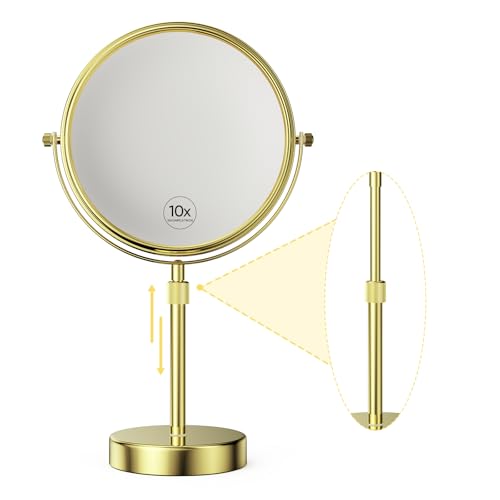Nicesail 8" Face 10X Tabletop Vanity Mirror, Shiny Gold, Height Adjustable | 15-19" Tall Table Mirror, 1X 10X Magnifying Mirror Double Sided for Makeup &Shaving, Desk Vanity Mirror 360 Rotation Bathroom