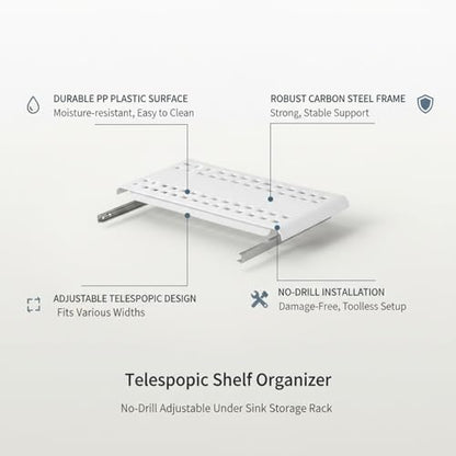 Adjustable Telescopic Cabinet Shelf, Tool-Free Under Sink Organizer Rack, Carbon Steel and PP Plastic Storage Solution for Kitchen and Bathroom - size: 4.72 x 9.84 x 0.79 in
