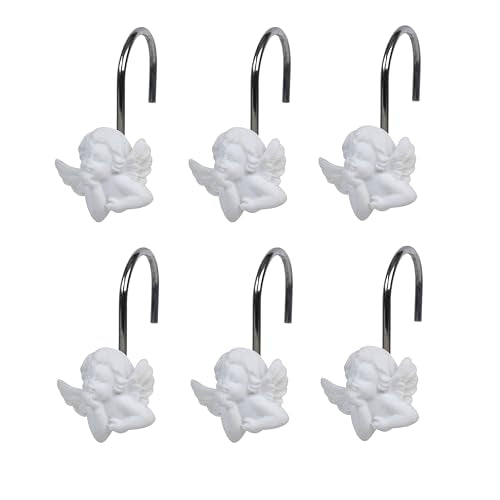 Twofish Home White Angel Shower Curtain Hooks Anti Rust Shower Curtain Hooks Decorative Resin White Angel Shower Curtain Rings Set of 12 - color: White Angel-1