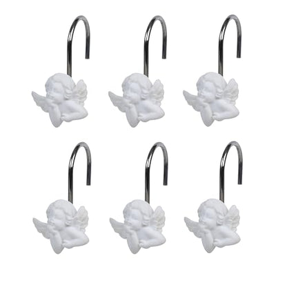 Twofish Home White Angel Shower Curtain Hooks Anti Rust Shower Curtain Hooks Decorative Resin White Angel Shower Curtain Rings Set of 12 - color: White Angel-1