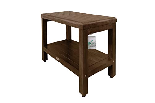 DecoTeak Eleganto 24" Teak Shower Bench with Shelf, Waterproof Seat | Shower bench with adjustable feet and non-slip rubber pads provides stable support on wet or uneven shower floors - size: 24" Length x 14" Width x 18" Height