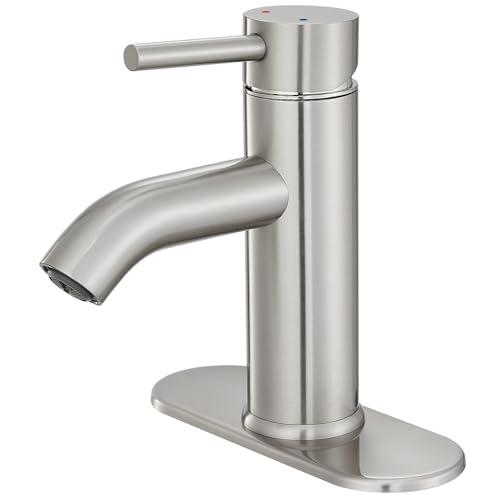 Bathroom Faucet Brushed Nickel Modern Single Hole Bathroom Sink Faucet with Single Handle Suitable for 1 or 3 Holes,Supply Deck Plate and Hose - color: Brushed Nickel, size: Short