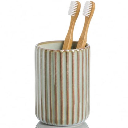 Green Ceramic Toothbrush Holder Cup | Striped Modern Farmhouse Bathroom Organizer Toothpaste Cup & Makeup Brush Tumbler - color: Green