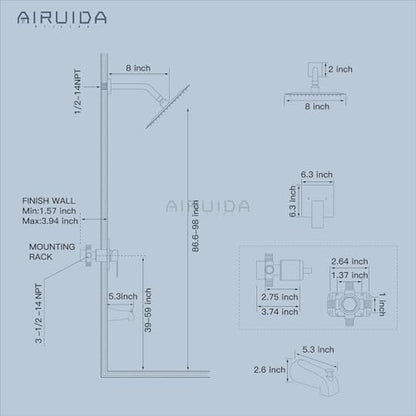 Airuida 8 Inch Shower Faucet Set,Bathtub Faucet Kit,Brushed Nickel | Shower Tub Faucet Set,Male Threads Rough-In Valve,Square Head Shower System - color: Nickel, size: 8 Inch