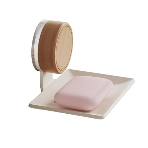 Soap Dish, Walnut and Stainless Steel, Soap Bar Holder for Shower Suction Cup Wall Mounted, No-Drilling Waterproof Sponge Holder (White)