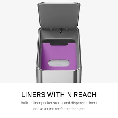 simplehuman Slim Step Can, 9L / 2.4 Gallon Primary Bathroom Trash Can, Liner Pocket®, Sleek Internal Hinge, 150,000-Step All-Steel Pedal, Lid Shox® Silent Close, Brushed Stainless Steel - color: Brushed, size: 9L