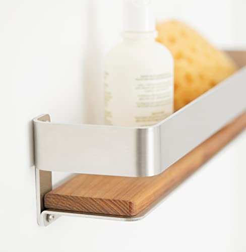 Seachrome Rectangular Shower Shelf with Rail in a Satin Finish and Natural Teak Wood Insert - color: Satin