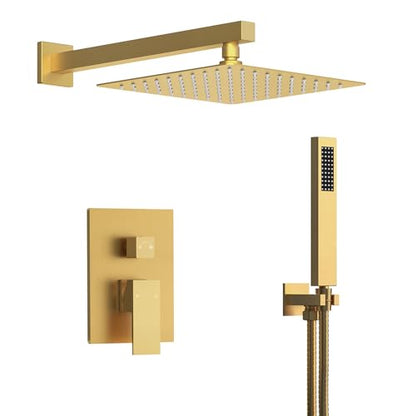 10" High-Pressure Rainfall Shower System with Handheld Spray, Wall Mount Bathroom Shower Faucet Set with Valve (Brushed Gold) - color: Brushed Gold