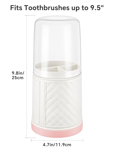 NiHome Covered Toothbrush Holder, 3-Slot PET Organizer with Drain Tray | 9.5 In, 3-Slot Electric Toothbrushes Holder with Clear Cover, Removable Drain Tray, Bathroom Counter Storage Organizer, White