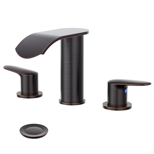WOWOW Waterfall Bathroom Faucet 3 Holes 8Inch Widespread Bathroom Sink Faucet, Two Handles Lavatory Vanity Sink Faucets with Pop-up Drain & Supply Hoses, Modern Faucet Mixer Taps Oiled Rubbed Bronze - color: Oiled-Rubbed Bronze