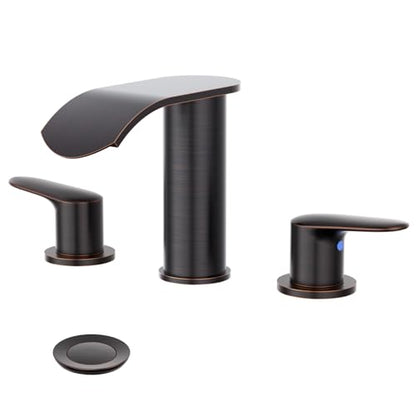 WOWOW Waterfall Bathroom Faucet 3 Holes 8Inch Widespread Bathroom Sink Faucet, Two Handles Lavatory Vanity Sink Faucets with Pop-up Drain & Supply Hoses, Modern Faucet Mixer Taps Oiled Rubbed Bronze - color: Oiled-Rubbed Bronze