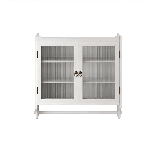 Retro Style Haze Double Glass Door Wood Wall Cabinet with Detachable Shelves for Office, Dining Room,Living Room, Kitchen and Bathroom White Washed - color: White Washed