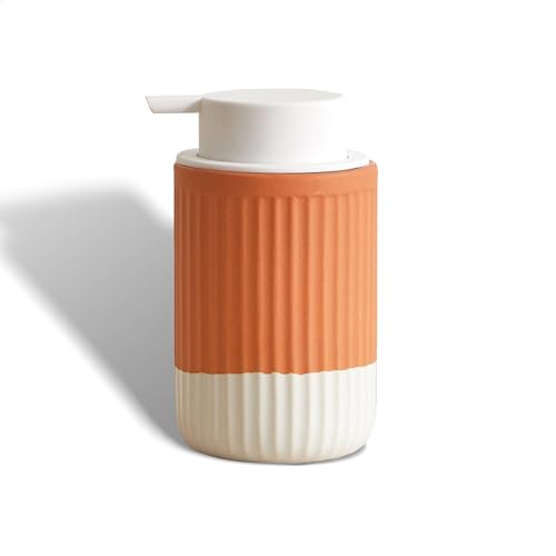Hand Dipped Boho Ceramic Foam Dispenser, Terracotta White 12 oz | Two Tone Ceramic Design, Rippled Cylinder, Soft Touch Silicone Pump, Organic Boho Style, Elegant Bathroom Counter Accent - color: Orange,white 1 Pack