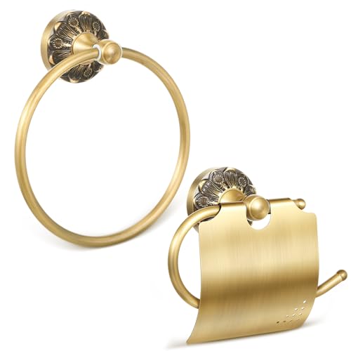 2 Pieces Set Antique Brass Toilet Paper Holder Retro Brass Hand Towel Ring Tissue Roll Paper Hanger Bathroom Hardware Wall Mounted Vintage Bathroom Accessories (with Cover) - style: with Cover