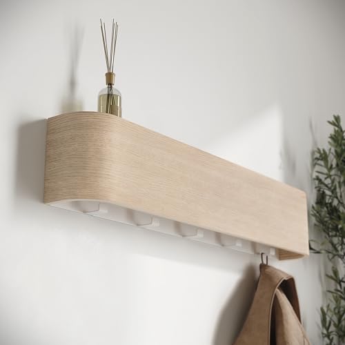 Kazai. Wall-Mounted Coat Rack 'Toke' - Modern Design Coat Rack with Hidden Wall Hooks - Solid Wood Veneer Panel Coat Hanger - Oak, White - color: Oak, White, size: 5 Hooks