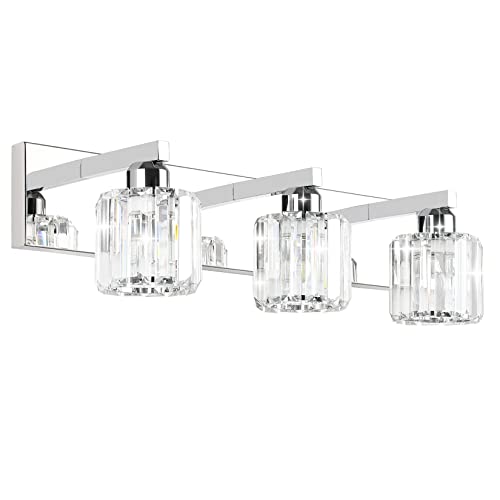 Aipsun Crystal Vanity Light Fixtures Modern Vanity Light for Bathroom Crystal Bathroom Lighting Fixture Wall Light Over Mirror 3 Lights(Not Include Bulb) - color: Chrome (Round), size: 23 inch