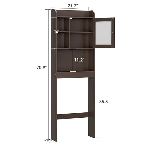 SUPER DEAL Over The Toilet Bathroom Storage Cabinet Freestanding Wooden Bathroom Organizer with Adjustable Shelves and Glass Door, Brown - color: Brown