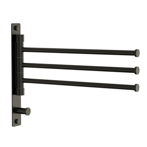 Swivel Towel Rack, Matte Black, 12.5 in, 3-Arm Towel Bar | 304 Stainless Steel, Space Saving, Wall Mounted, With Hook - color: Matte Black