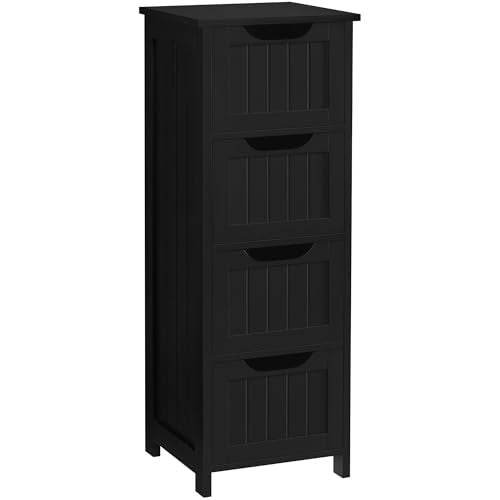 Yaheetech Bathroom Storage Cabinet, 12" W Slim 4-Drawer Design, Black | Narrow Freestanding Organizer for Small Spaces, Beside Toilet or Vanity, Beadboard Tower, 32.5"H, P2 MDF, Water-resistant - color: Black