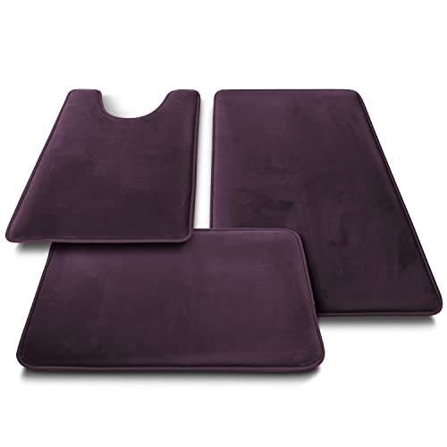 Clara Clark 3 Piece Bathroom Rugs Bath Mat Set, Velvet Memory Foam Bath Mats for Bathroom - Non-Slip, PVC Backing Bath Rugs, Washable - Dries Quickly, Purple - color: Dark Purple