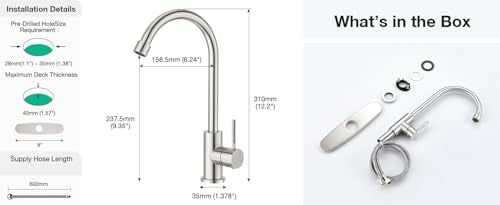CREA Brushed Faucet for Kitchen Bar Outdoor Sink 1 Hole 3Holes(with Deck Plate)，High Arc 360°Swivle Single Handle Tap Brushed 304 Stainless Steel - color: Brushed, style: Mixed water pipe