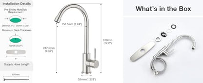 CREA Brushed Faucet for Kitchen Bar Outdoor Sink 1 Hole 3Holes(with Deck Plate)，High Arc 360°Swivle Single Handle Tap Brushed 304 Stainless Steel - color: Brushed, style: Mixed water pipe
