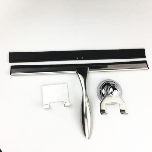 Holibanna 3pcs Stainless Steel Shower Squeegee for Glass and Tile with Suction Cup and Hooks Holder, Heat and Cold Resistant Bathroom Window Wiper for Shower Doors