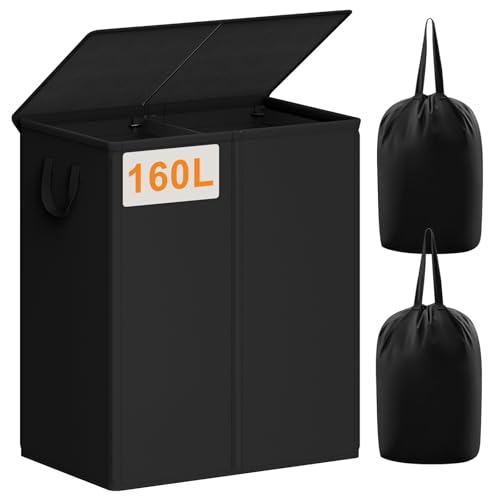 Chrislley Double Laundry Hamper with Lid, 160L Laundry Basket 2 Section | Large Dirty Clothes Hamper 2 Compartments with Removable Liner Bags & Handles, Collapsible Storage for Bedroom, Doom, Black - color: Black, size: 160L(25.0"L x 14.2"W x 27.2"H)