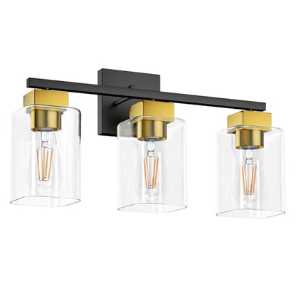 Black and Brushed Gold Bathroom Vanity Light, 3-Light Vanity Lighting fixtures Over Mirror, Square Design & UL Certification, Wall Sconces with Clear Glass Shades, E26 Socket (Bulbs Not Included) - color: Black and Brushed Gold, size: 3 Light