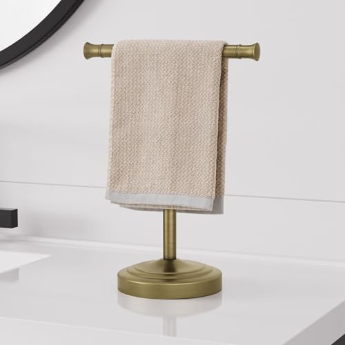 RUMOSE Antique Brass Hand Towel Holder Stand Countertop Towel Rack | 13 Inch Bathroom Kitchen Vanity T-Shape Towel Stand Free Standing Stainless Steel Towel Bar Towel Ring - color: Antique Brass