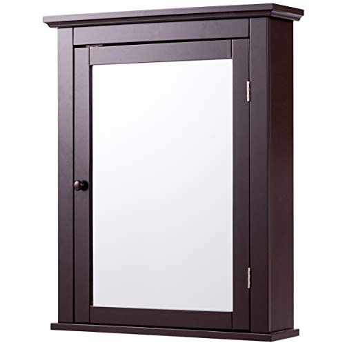 Tangkula Bathroom Cabinet with Mirror, Mirrored Wall-Mounted Storage Medicine Cabinet w/Single Door & Adjustable Shelf in 5 Positions, Multipurpose Wall Cabinet for Bathroom (Brown) - color: Brown
