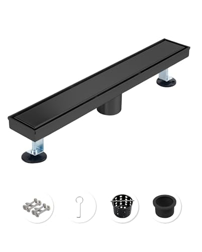 18 Inch Matte Black Linear Shower Drain | CUPC Certified 2-in-1 Tile Insert for Curbless Showers. 304 Steel, 15.8GPM Flow. Includes Hair Catcher & Adjustable Feet. - color: Matte Black, size: 18in