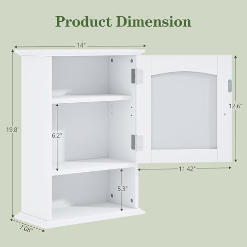 VECELO Bathroom Wall Cabinet with Mirror, Small Medicine Cabinets with Door, Wood Adjustable Shelf, 14.7 x 19.8 x 7.1 Inches, White