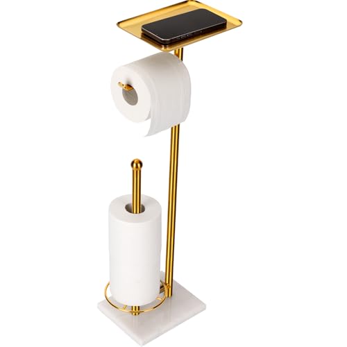 Toilet Paper Holder with Tray At the Top, Sturdy Marble Base No Wobby, Holding Extra 3 Toilet Paper Rolls As Spare Use, Freestanding No Drilling (Gold) - color: Gold