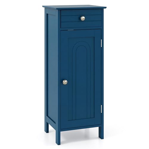 Tangkula Bathroom Floor Cabinet, Free-Standing Single Door Storage Cabinet with Drawer & 2 Adjustable Shelves, Wooden 14”L Narrow Side Storage Organizer for Small Spaces, Living Room, Kitchen (Blue) - color: Blue